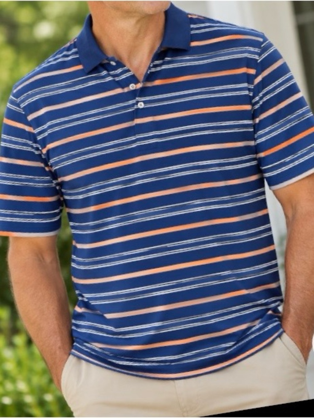 Foot joy Polo Shirt Navy Blue with Coral-Orange & White Stripes M